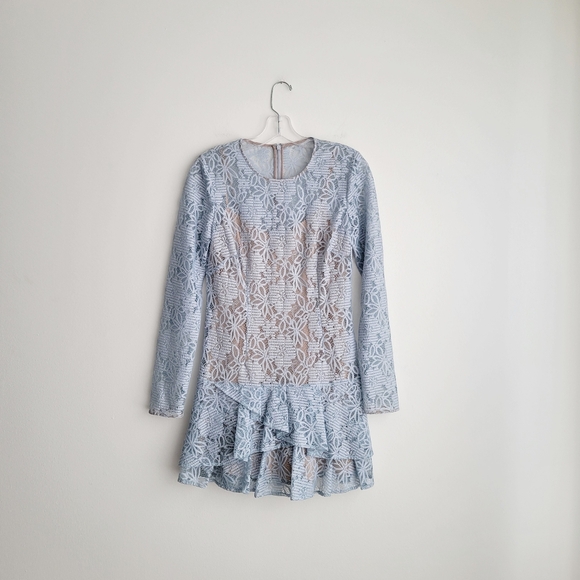 BCBGMaxAzria Lace Asymmetrical Flounce Lace Overlay Dress in Blue and Nude - Picture 1 of 6